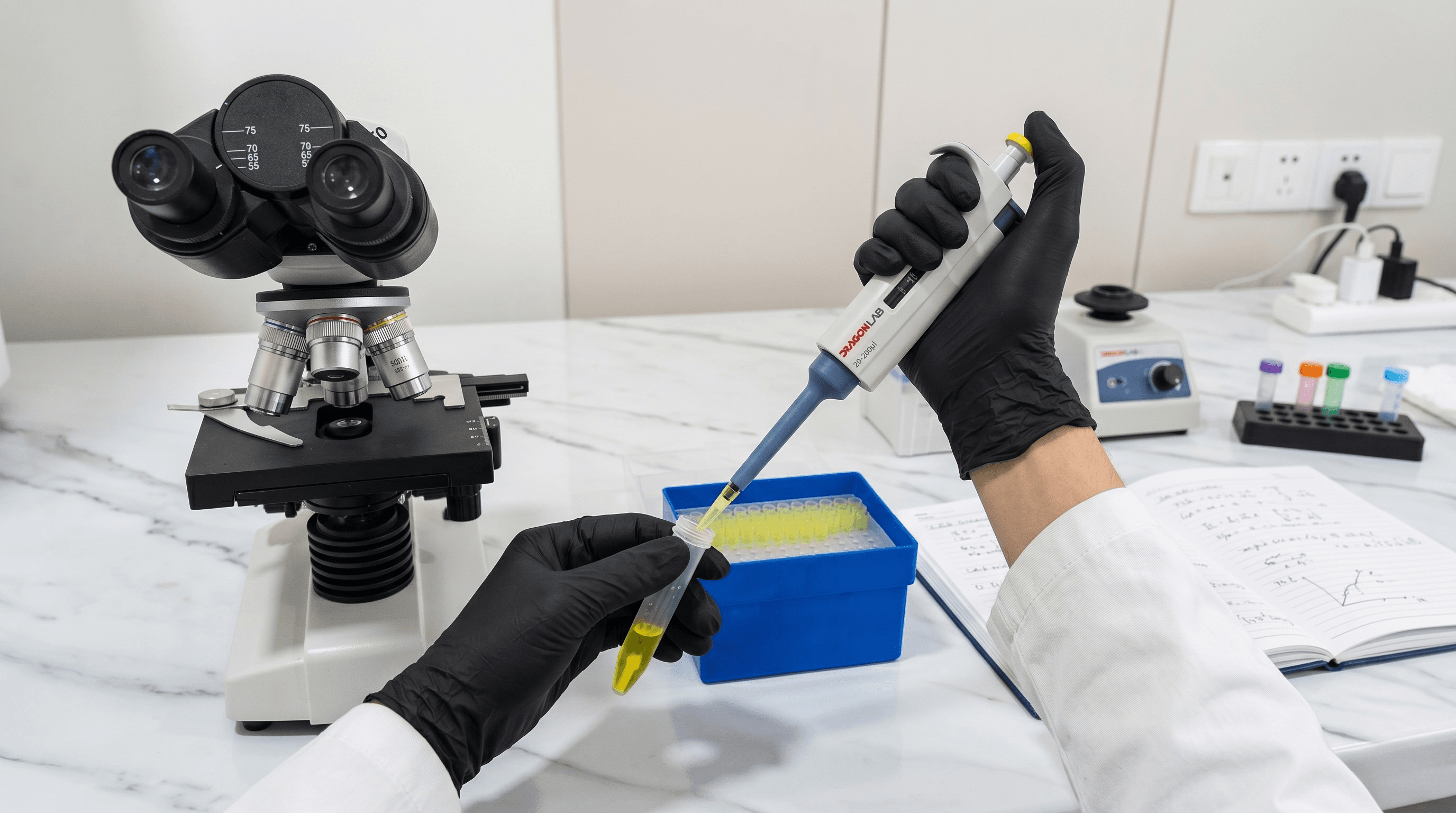 Bioquímica trabajando con micropipeta y microscopio — laboratorio CBI Viale